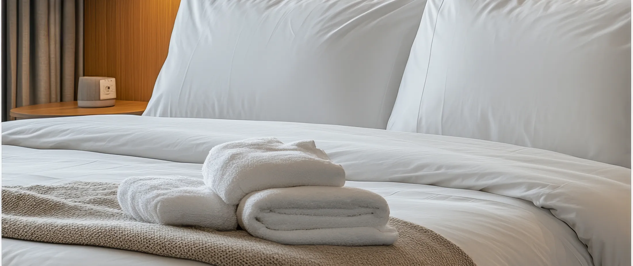 Cama de hotel tendida con almohadas, acolchado, toallas dobladas al pie y frazada de punto