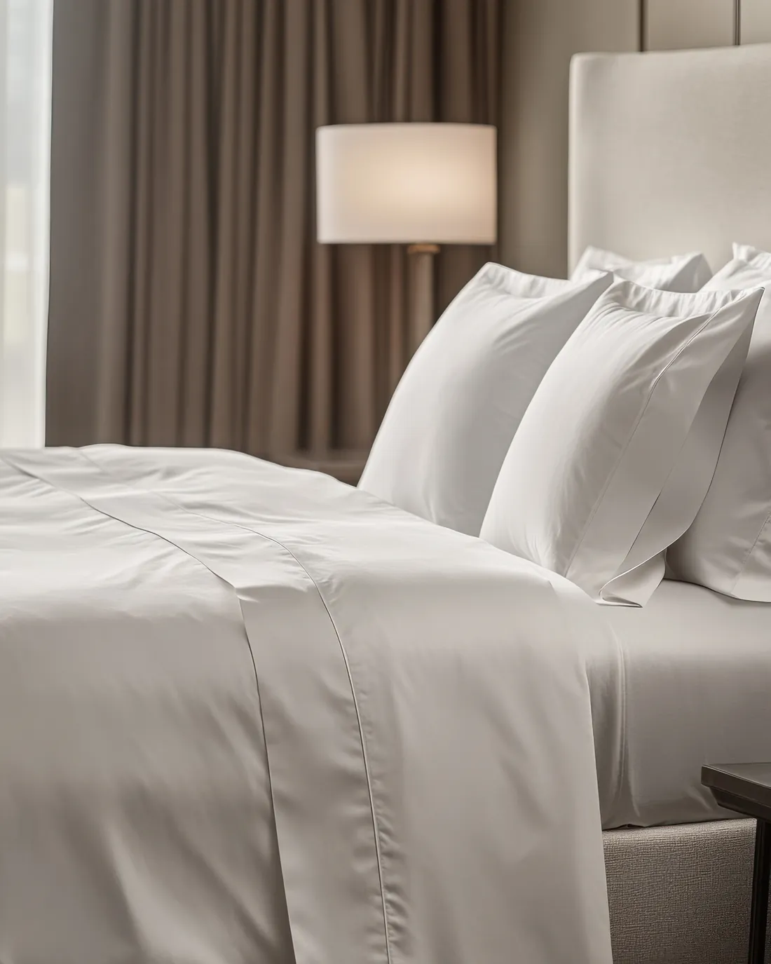 Habitación de hotel con la cama tendida y la ropa de cama blanca
